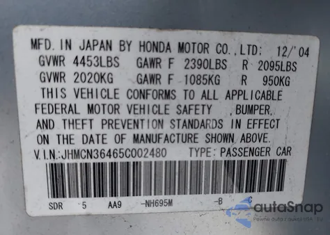 2005 Honda Accord Hybrid Ima from USA, damaged, VIN JHMCN36465C002480